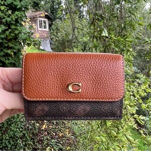 COACH Mini Trifold Wallet Brown Signature Canvas Logo AUTHENTIC